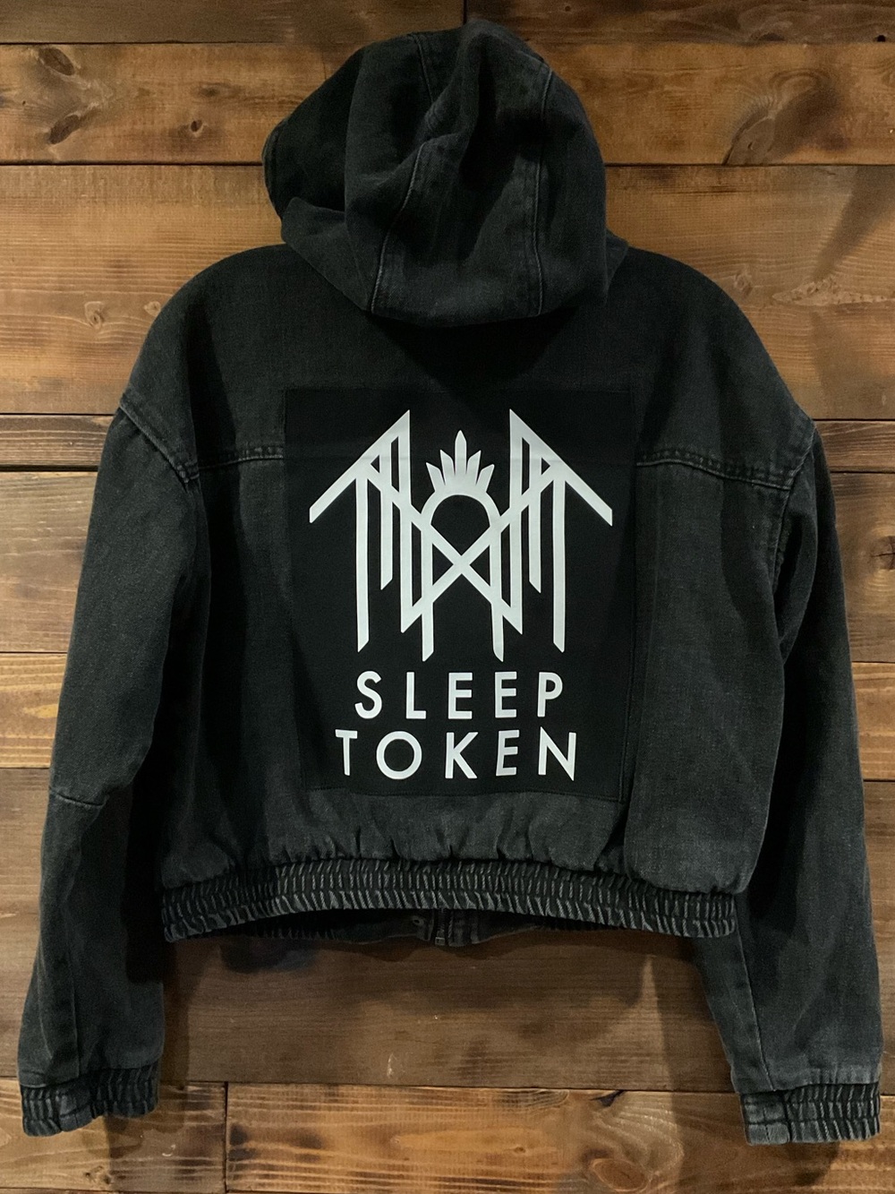 Custom SLEEP TOKEN Black Hooded Denim BATTLE Jacket JRS Women’s size Medium